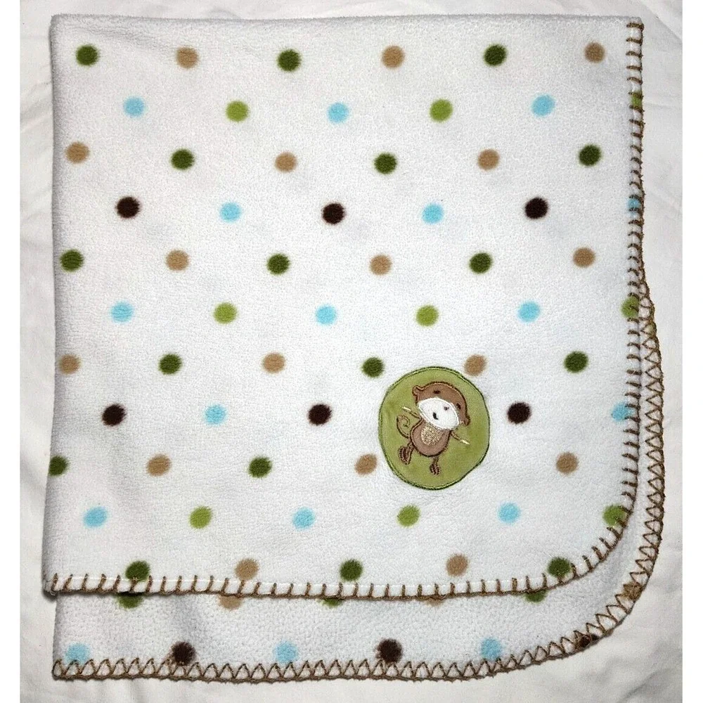 Just Born Baby Fleece Monkey Polka Dot Blanket‎ Beige Green htf  Blue Security